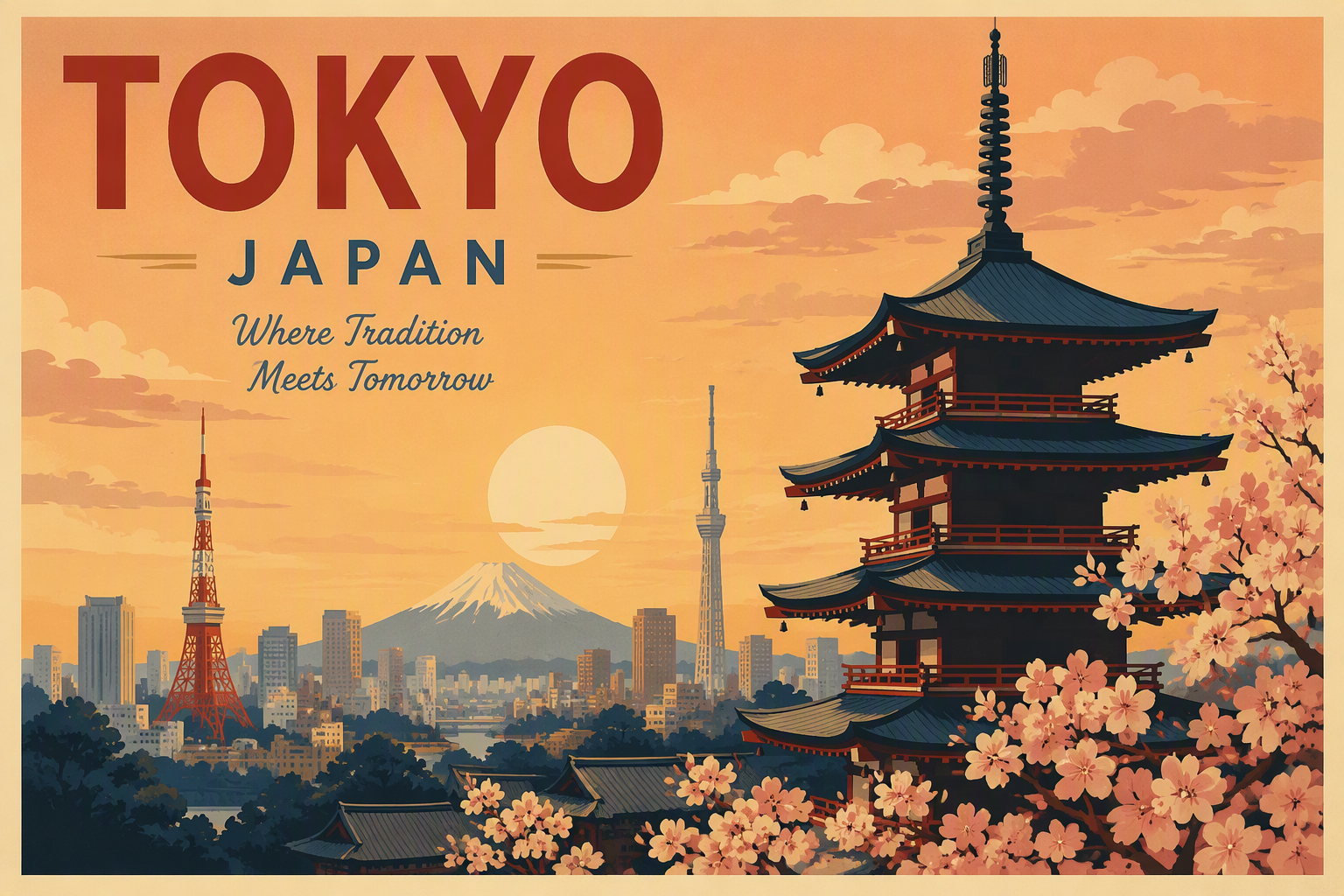 Perinteinen japanilainen pagodi ja kirsikankukkia auringonlaskussa