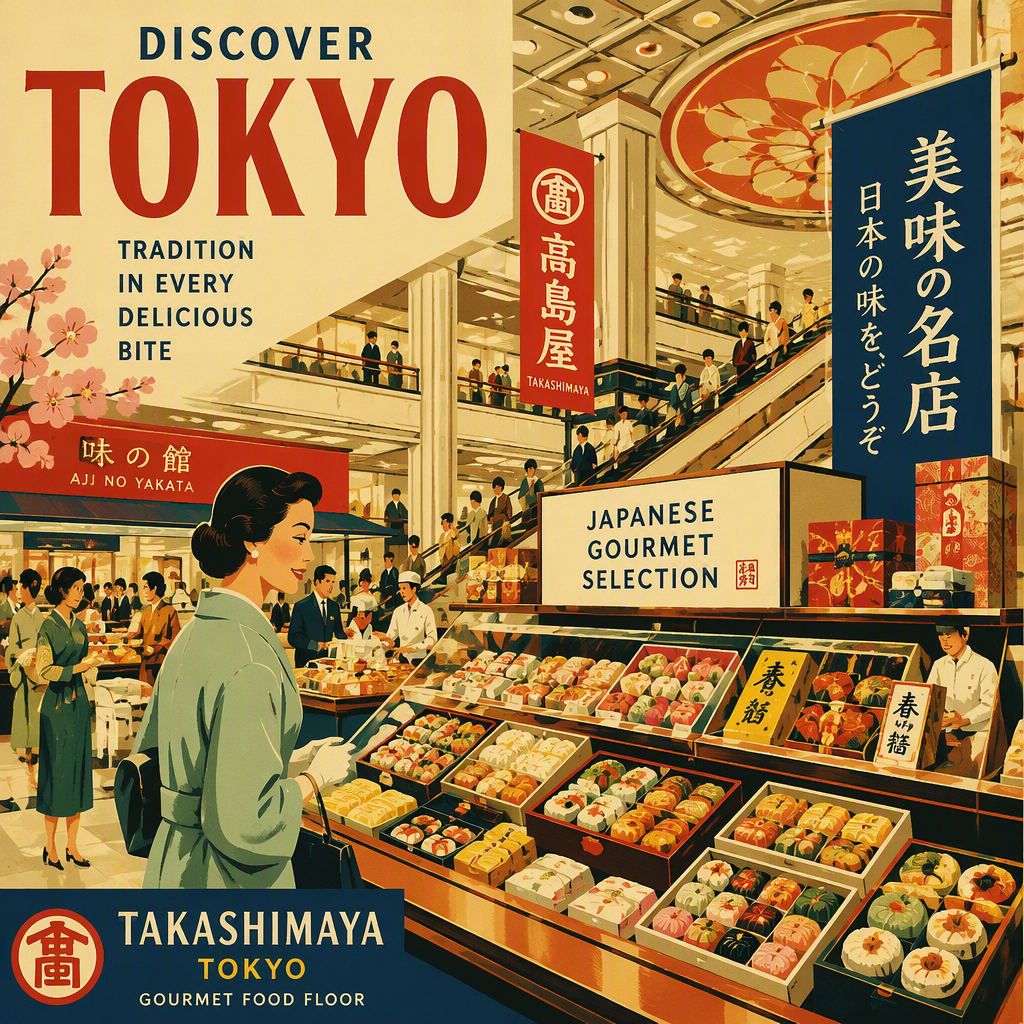 Japanilaisen tavaratalon ruokaosasto täynnä värikkäitä herkkuja