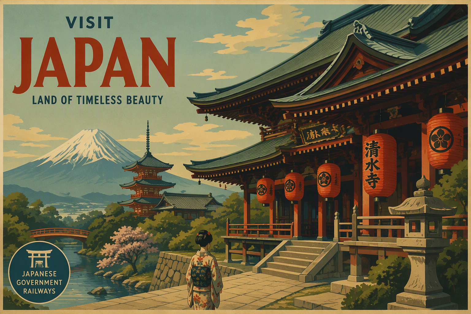 Perinteinen japanilainen temppeli ja punaisia lyhtyjä
