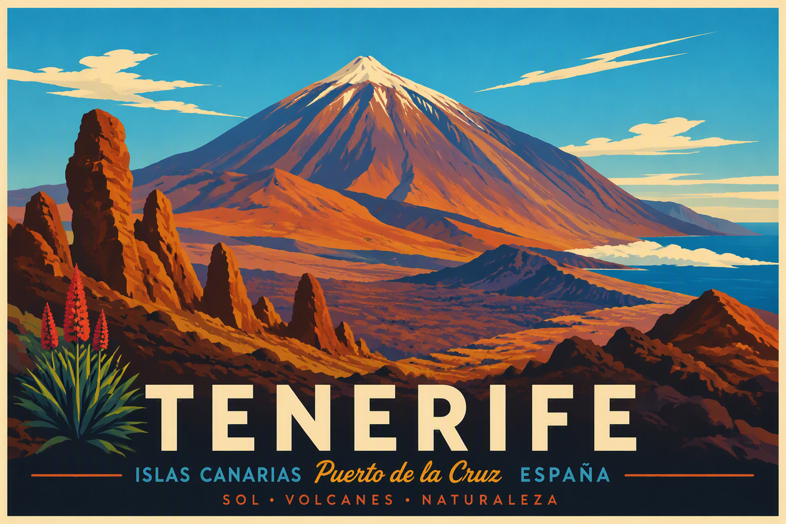 Teide-tulivuori nousee ylväänä karun tuliperäisen maiseman yläpuolelle Teide-tulivuori nousee ylväänä karun tuliperäisen maiseman yläpuolelle