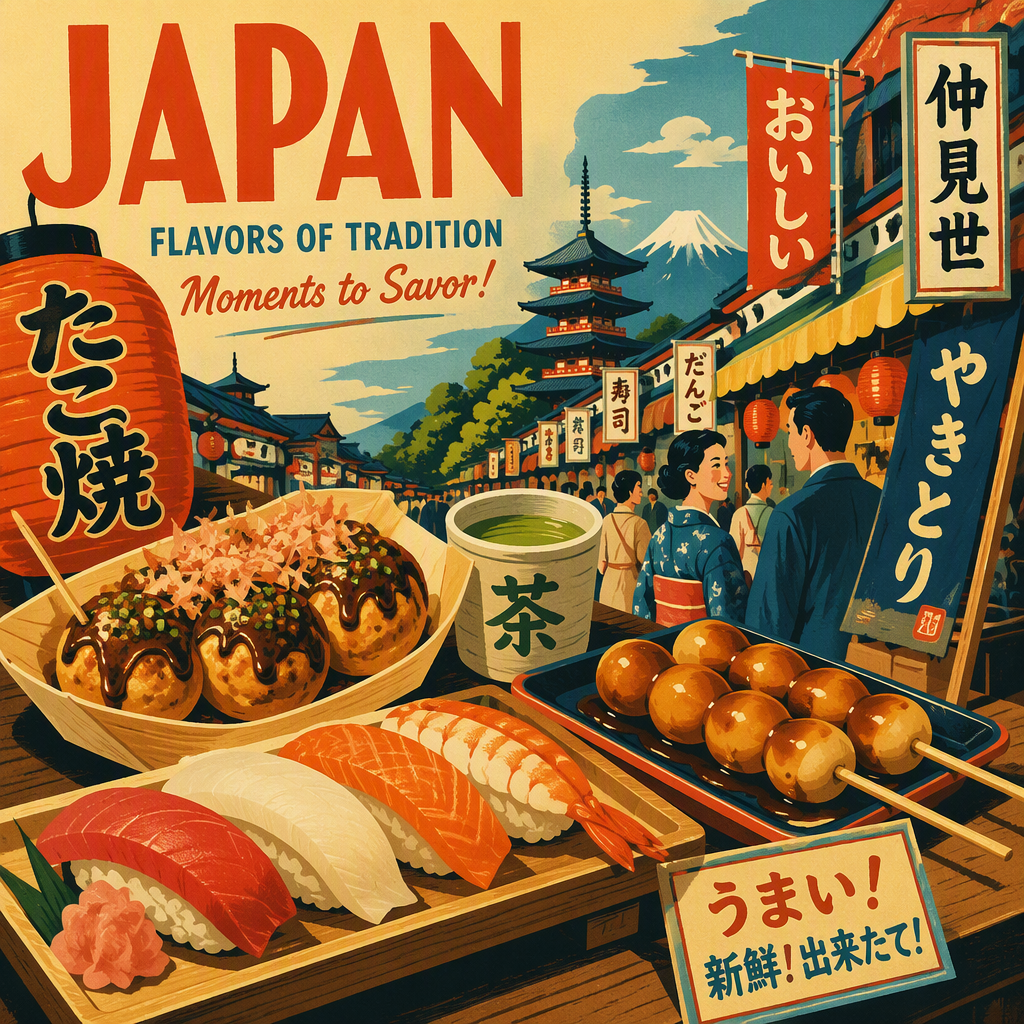 Tuoreita japanilaisia katuruoka-annoksia torin kojussa