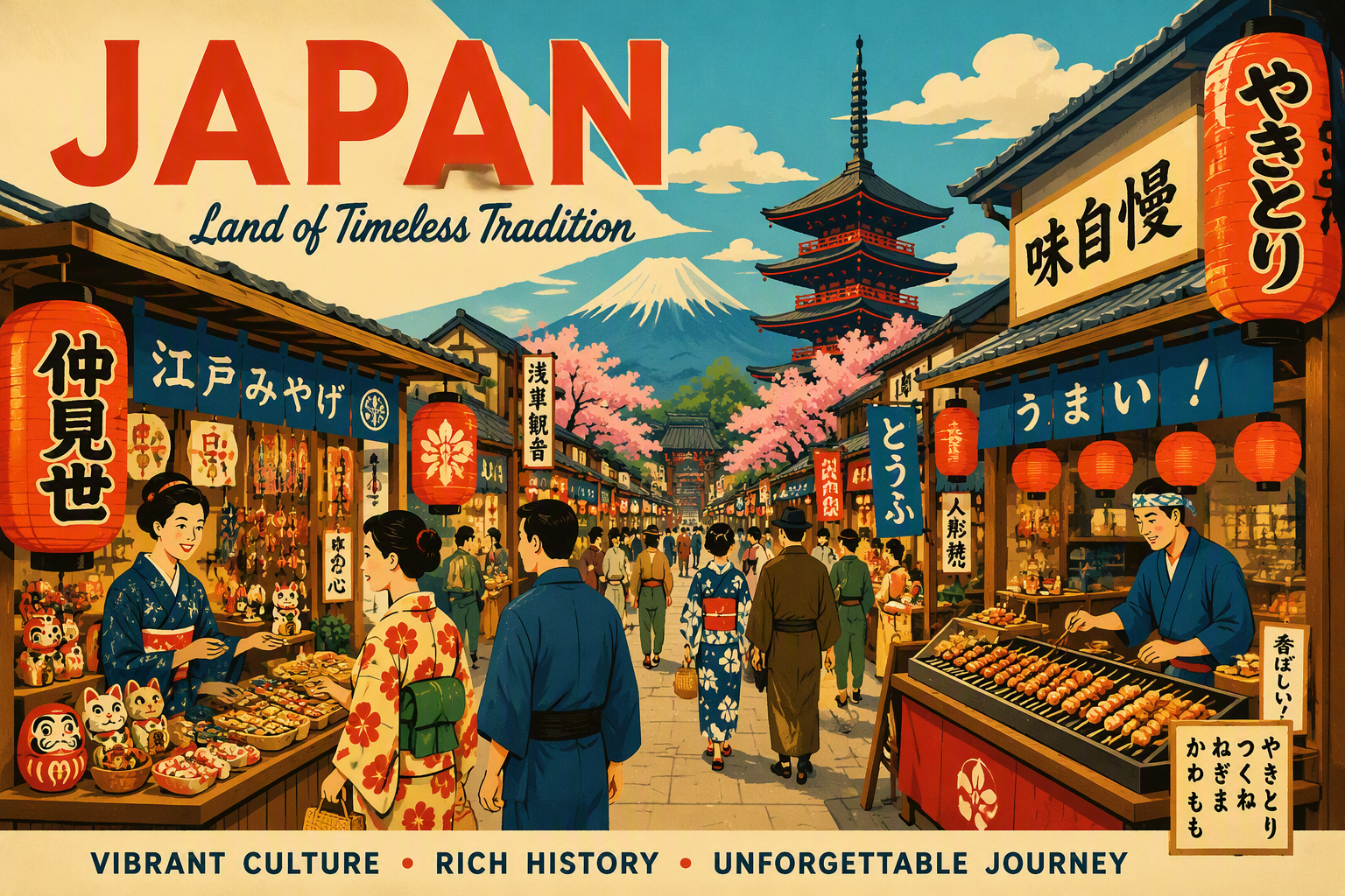 Vilkas japanilainen torikatu ja perinteisiä myyntikojuja