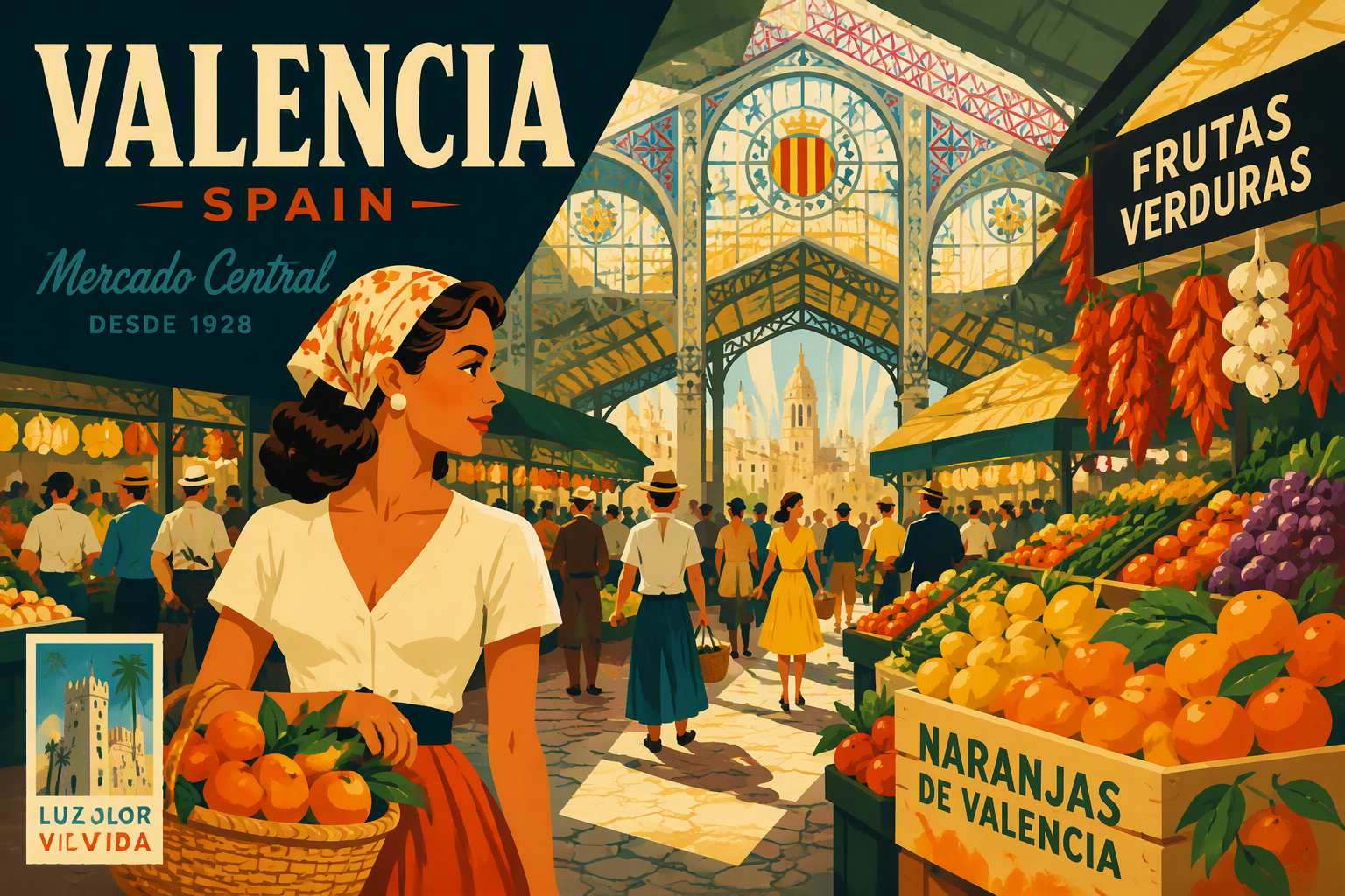 Värikkäitä hedelmäkojuja Valencian historiallisella kauppahallilla Värikkäitä hedelmäkojuja Valencian historiallisella kauppahallilla