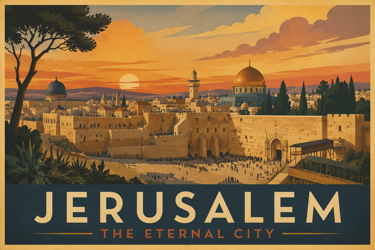Jerusalemin vanhakaupunki ja historialliset muurit auringonlaskussa