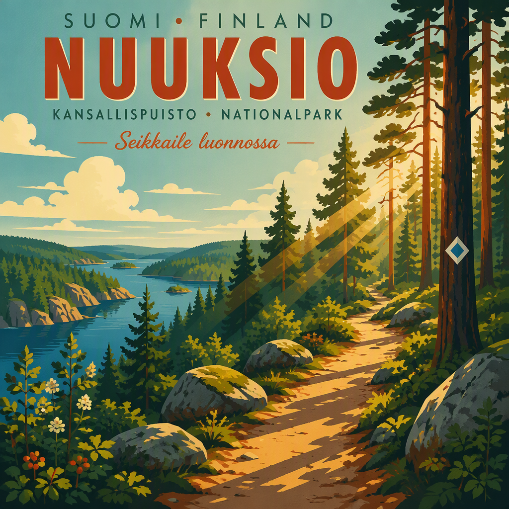 Metsäpolku suomalaisessa kansallispuistossa aurinkoisena päivänä