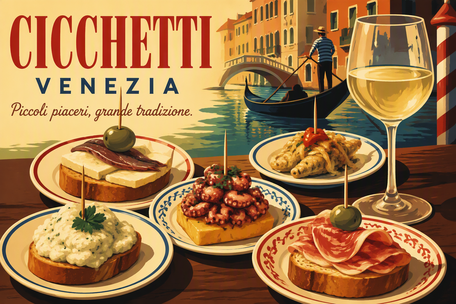 Perinteisiä venetsialaisia cicchetti-annoksia ja viiniä Perinteisiä venetsialaisia cicchetti-annoksia ja viiniä
