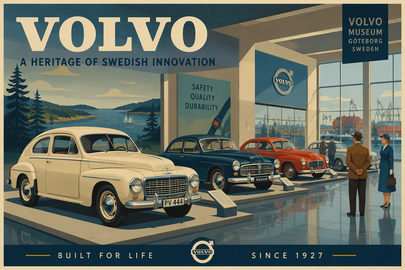 Historiallisia Volvo-autoja museon tilavassa näyttelyhallissa