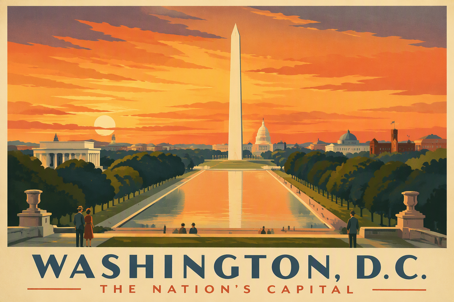 Washingtonin monumentti ja heijastusaltaat auringonlaskun aikaan Washingtonin monumentti ja heijastusaltaat auringonlaskun aikaan