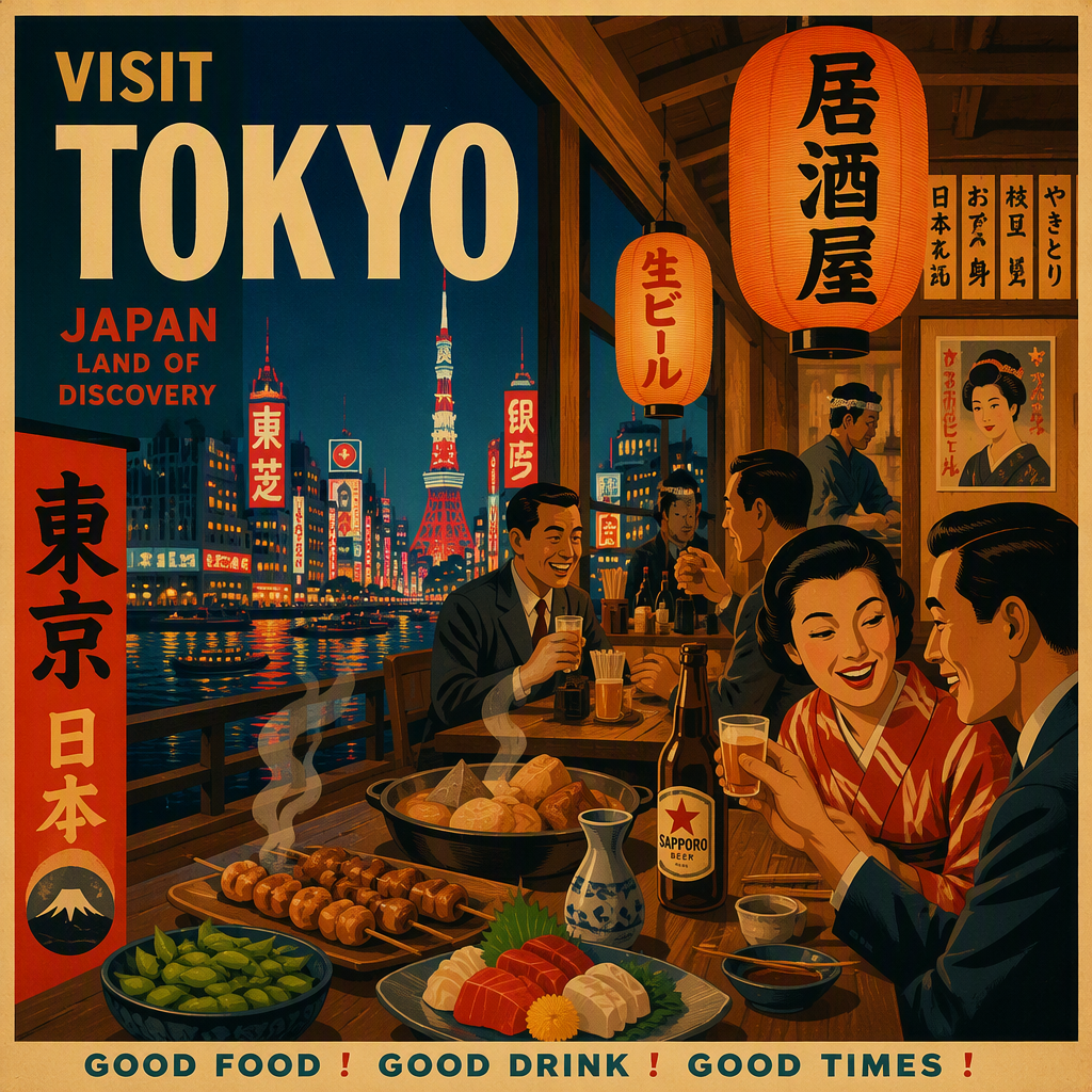 Tunnelmallinen japanilainen izakaya-pubi iltahämärässä